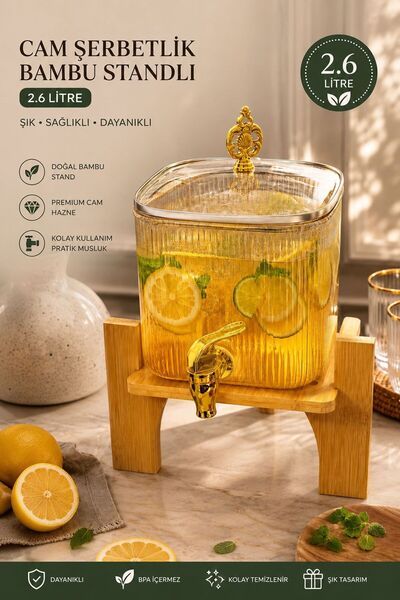 KaraWent Home 2.6 Litre Amber Cam Şerbetlik Musluklu İçecek Dispenseri Bambu ...