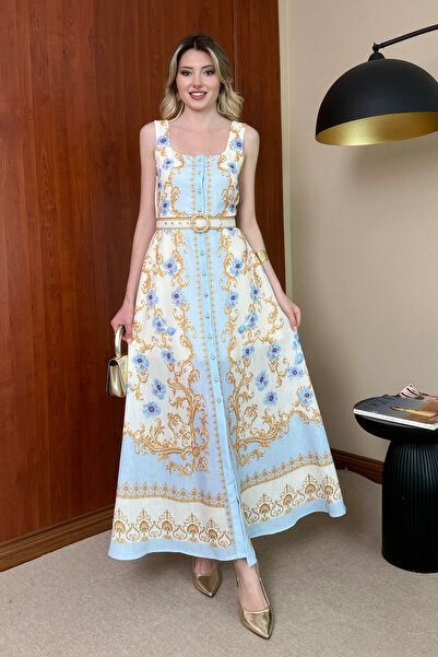 Butik Modana Mavi Çiçekli Keten Elbise