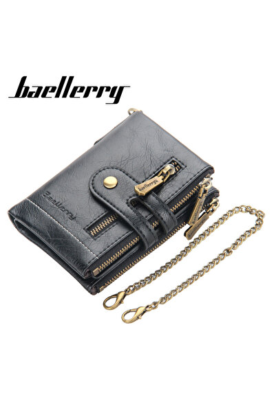 baellerry محفظة رجالية جلدية كلاسيكية ثلاثية الطيات مع سلسلة مضادة للسرقة، حا...