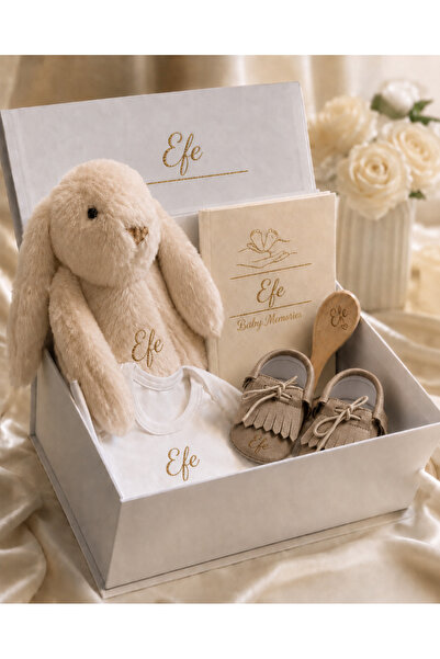 Emsera Atelier Kişiye Özel İsimli Bej Peluş Tavşan Bebek Hediye Seti