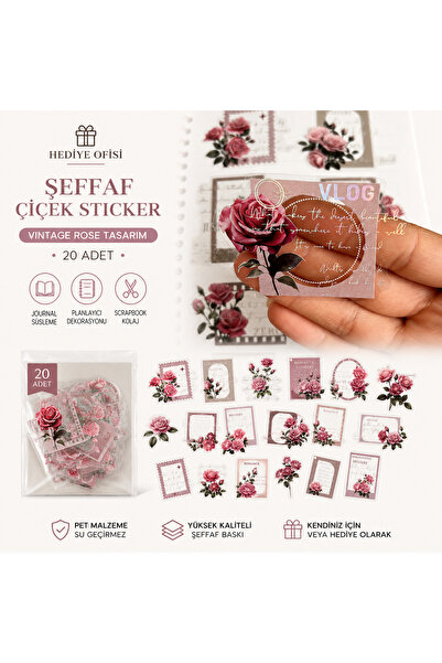 hediyeofisi Hediye Ofisi Vintage Gül Temalı Şeffaf PET Sticker Seti | Junk Jo...