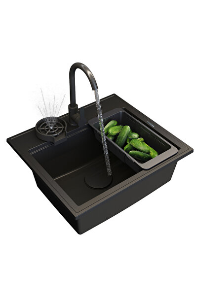 Granitan Set Chiuveta Granit FOXAL Neagra, 56.5x50.5cm, cu robinet Prestige s...