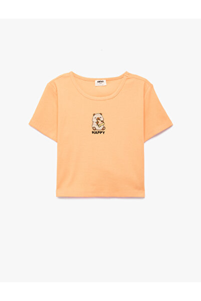 Koton Cotton Crew Neck Short Sleeve Crop T-Shirt with Embroidery Detail