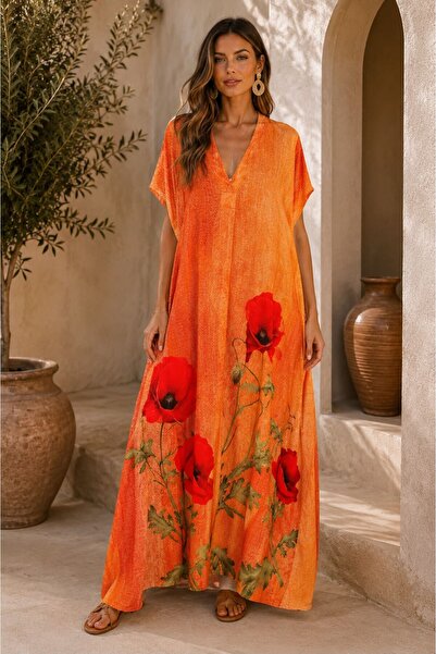 Rainbow Maxi dress with poppies, oversized, viscose