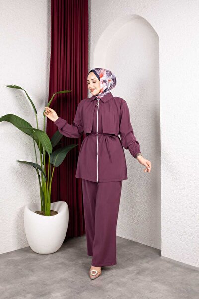Weak Blue Women's Hijab Suit Double Layered Look Zippered Tunic Wide Leg Pant...