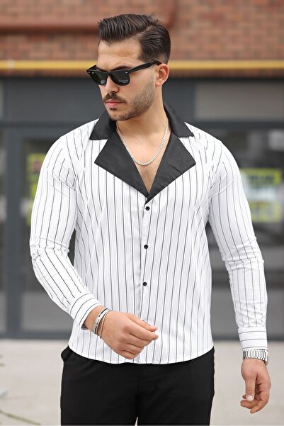 BAYIM Kruvaze Yaka Detaylı Slim Fit Taş Baskılı ve Çizgili Tasarım Erkek Gömlek