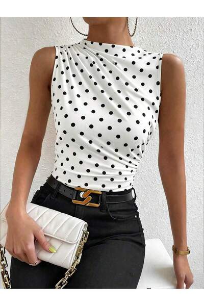 Wild Flower Polka Dot Patterned Crew Neck Draped Stretch Fabric Women's Blouse