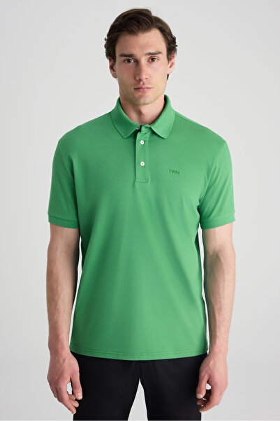 Twn Slim Fit Green Pique Textured T-Shirt