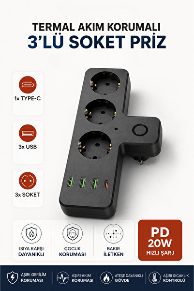 Montbell Akım Korumalı 3'lü Priz Çoklayıcı PD 20W Type-C 3 USB Hızlı Şarjlı Ç...