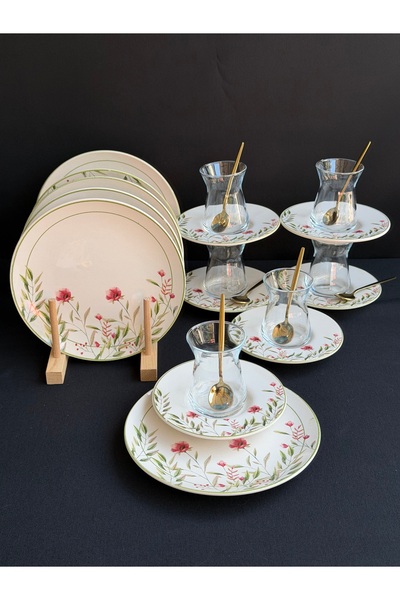 Hediye Köşkü 6 Kişilik 24 parça Flower Pasta Tabaklı Çay Seti