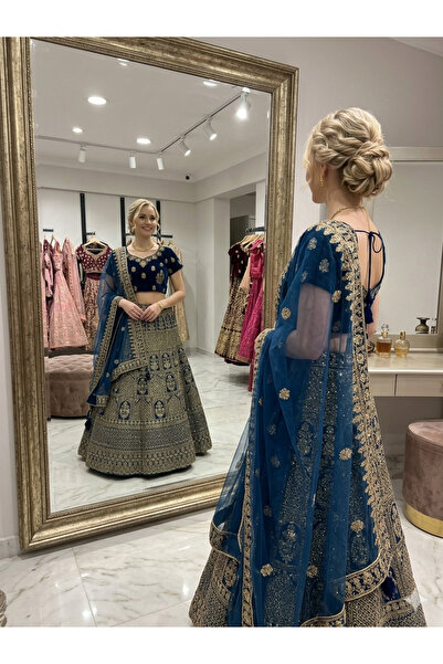 Aashiv's Collection Gelinlik Hint Lehenga Choli Takımı Mavi İşlemeli