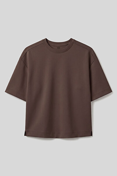 TOMMY LIFE Καφέ Γυναικείο T-Shirt με Λαιμόκοψη O και Κοντό Μανίκι - 97316