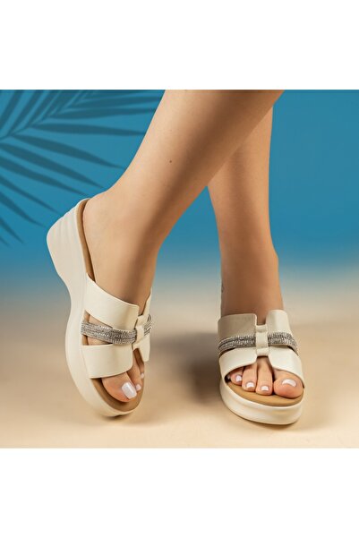 Modlet.ro Women's beige casual platform mules with rhinestones ZOE6