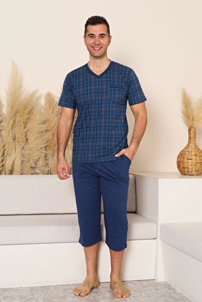 ALİMER Erkek Pijama Takımı - İndigo Kareli V Yaka Bermuda Penye 1226B