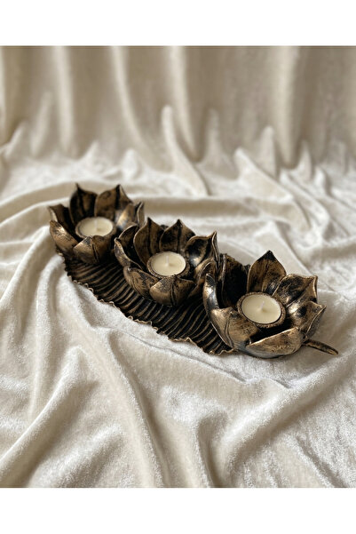 Peramari Dekoratif Polyester Üçlü Lotus Mumluk Takımı Gold Eskitme