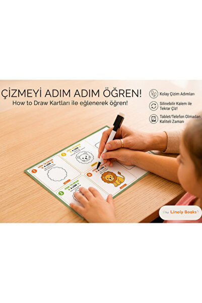lnly How to Draw Çizim Kartları – 15 Adet A5 Silinebilir Kart (30 Hayvan) + K...