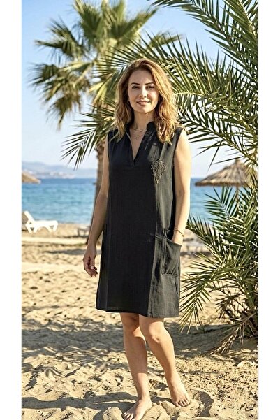 MY SEA PP-01 فستان أسود بدون أكمام مع تفاصيل من الجبر وجيوب على الرقبة وتفاصي...