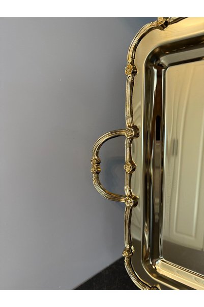 atabey home GÜL ÇERÇEVE KULPLU ÇAY TEPSİSİ FULL GOLD- DÖKÜM 44 CM DİKDÖRTGEN 6 KİŞİLİK(SADECE TEPSİ)
