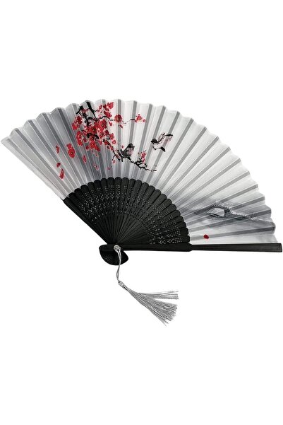 OFİSİNN Beluga Yelpaze Bambu Kumaş Serinletici Vintage Şık Dekorasyon Püsküllü Japon Yelpaze Erik Çi