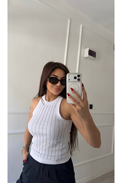Daves White Stone Detailed Zero-Sleeve Blouse