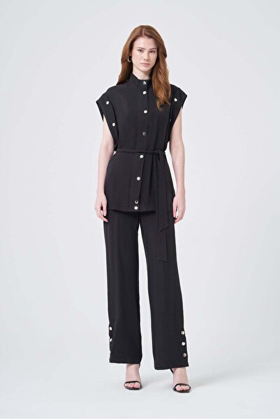 FTZ WOMEN Women's Button Detailed Stand Collar Double Suit Black 31383