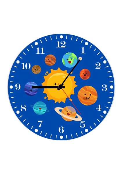 Hediye Vakti Solar System Children's Room Metal Wall Clock 29X29 cm - Educati...