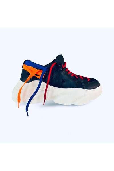 Hayati Arman Kadın Kalın Taban Renkli Bağcıklı Spor Ayakkabı & Sneaker Siyah