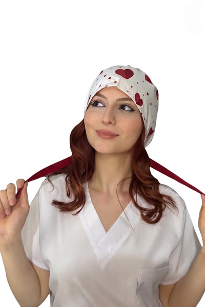 Cotton Poplin Surgical And Chef Bonnet Red Hearts Patterned