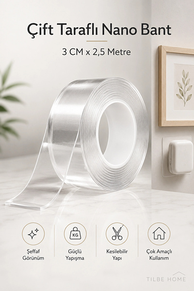 Tilbe Home 2 Metre Çift Taraflı Nano Bant Teknolojili Süper Güçlü Band Duvar Çerçeve Taşıyıcı Bant 3CMX2.5M