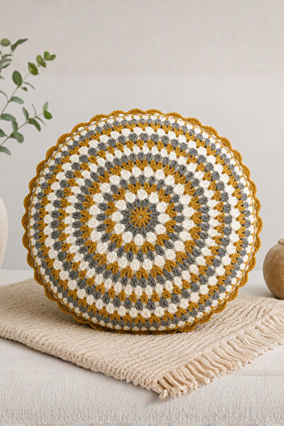 Elegancembroidery 40 Cm Çap El Örgüsü Yuvarlak Dekoratif Kırlent – Hardal Gri...