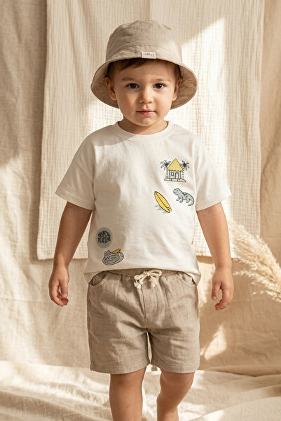 DYZSTAR Boy's 100% Cotton Safari Themed Cream T-Shirt and Brown Shorts Set - ...