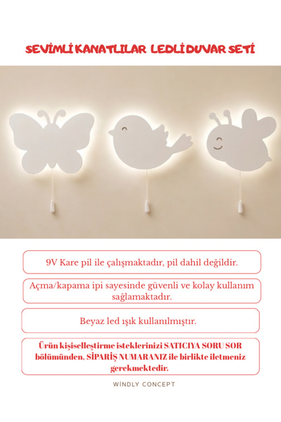Windly Concept LED Işıklı Kelebek Kuş Arı Duvar Lambası Seti Çocuk Odası Gece...