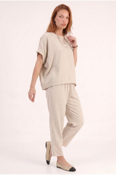 TLG TLG GİYİM Women's Raw Linen Double Top and Bottom Set with Elastic Waist
