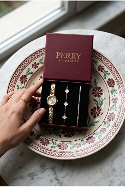 Perry Accesories gold çelik kasa beyaz iç renkli saat ve beyaz mineli çelik y...