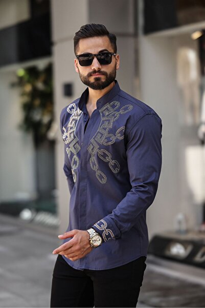 BAYIM Geometrik Zincir Desenli Slim Fit Hakim Yaka Taş İşlemeli Erkek Gömlek