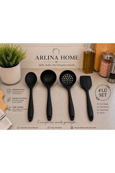 Arlina Home Kids Oskar Silicone Large Spatula Spoon Colander Set 4 Pieces Black
