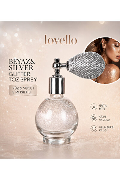 LOVELLO Beyaz & Silver Glitter Toz Sprey – Yüz ve Vücut İçin Işıltılı Simli S...