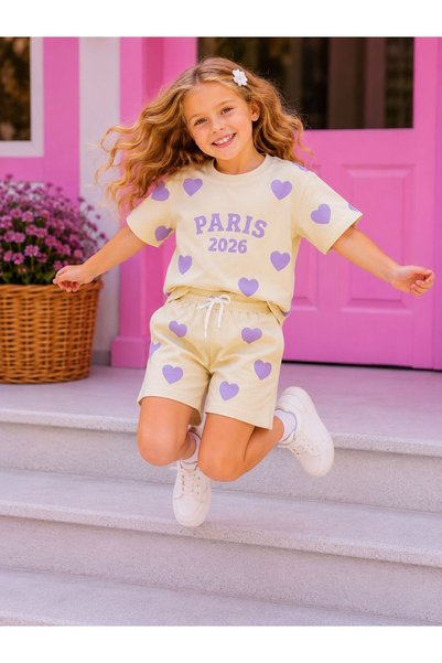 wees mod Girl's Heart Patterned Shorts Two-Piece Set