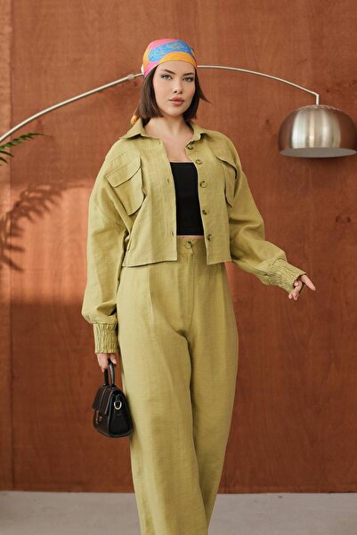 HandmadeAtelier KETEN KARIŞIMLI CROP CEKET VE YÜKSEK BEL BOL PAÇA TAKIM