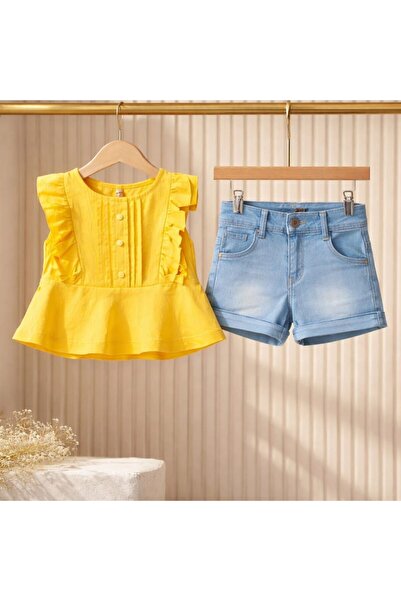Ay-Giyim Girls' Summer Stylish Set with Thin Denim Shorts