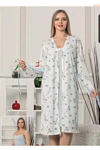 Pijamoni طقم قميص نوم وروب نسائي بنقشة الزهور - قطعتين