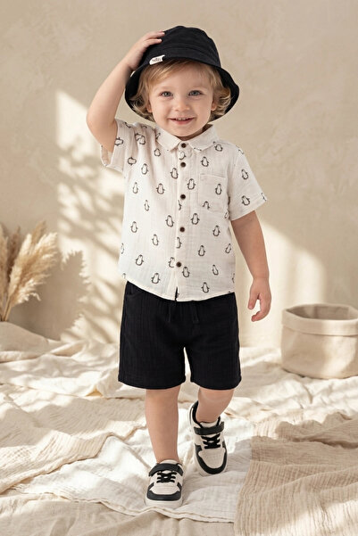 Babydonat Baby Boy Penguin Patterned 100% Cotton Muslin Shirt and Shorts Set ...