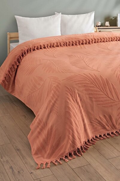Sevim Double Fringed Towel Bedspread - 100% Cotton & Soft & Fringed Pique - 200X220 Cm-Tile