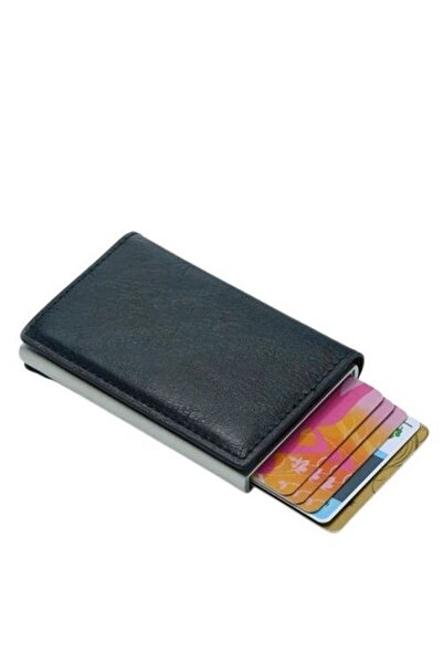 Osso Μαύρο Πορτοφόλι Δερμάτινο RFID Card Holder Με θήκη Αλουμινίου Slide
