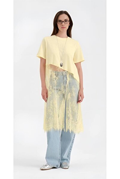 tw3 Kadın %100 Cotton Dantel Detaylı Tasarım Tunik Tshirt