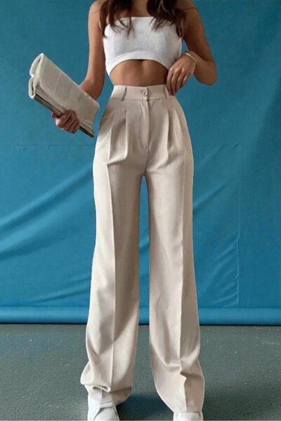 Livik Cream Modern Pleated Fabric Trousers Regular Waist