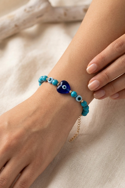 PETEK AKSESUAR Glass Heart Evil Eye Bead Bracelet