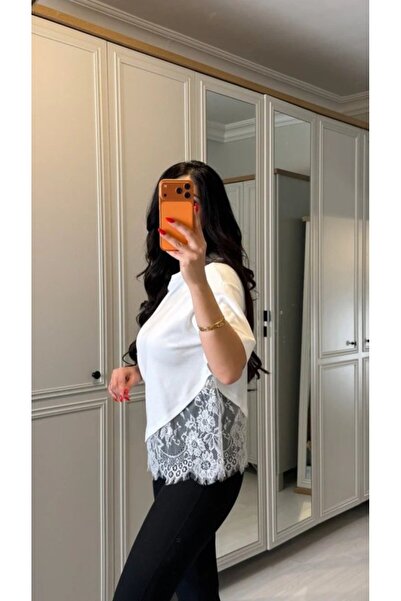 Generic Brand Short Sleeve Crew Neck Viscose Two-Thread Blouse with Lace Detail