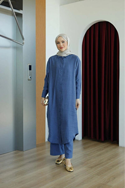 DEFNECE BUTİK Long Shirt and Trousers Set - Blue