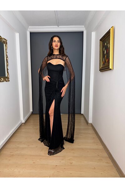 gökkuşagı moda Siyah dantel straplez pelerinli yırtmaçlı uzun abiye elbise